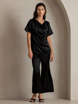 [Zwart] SilkSilky-NL 19Momme Korte Mouw Waterval Hals Blouse 003