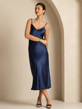 [Donkerblauw] SilkSilky-NL Spaghetti Strap V Neck Jurk 001