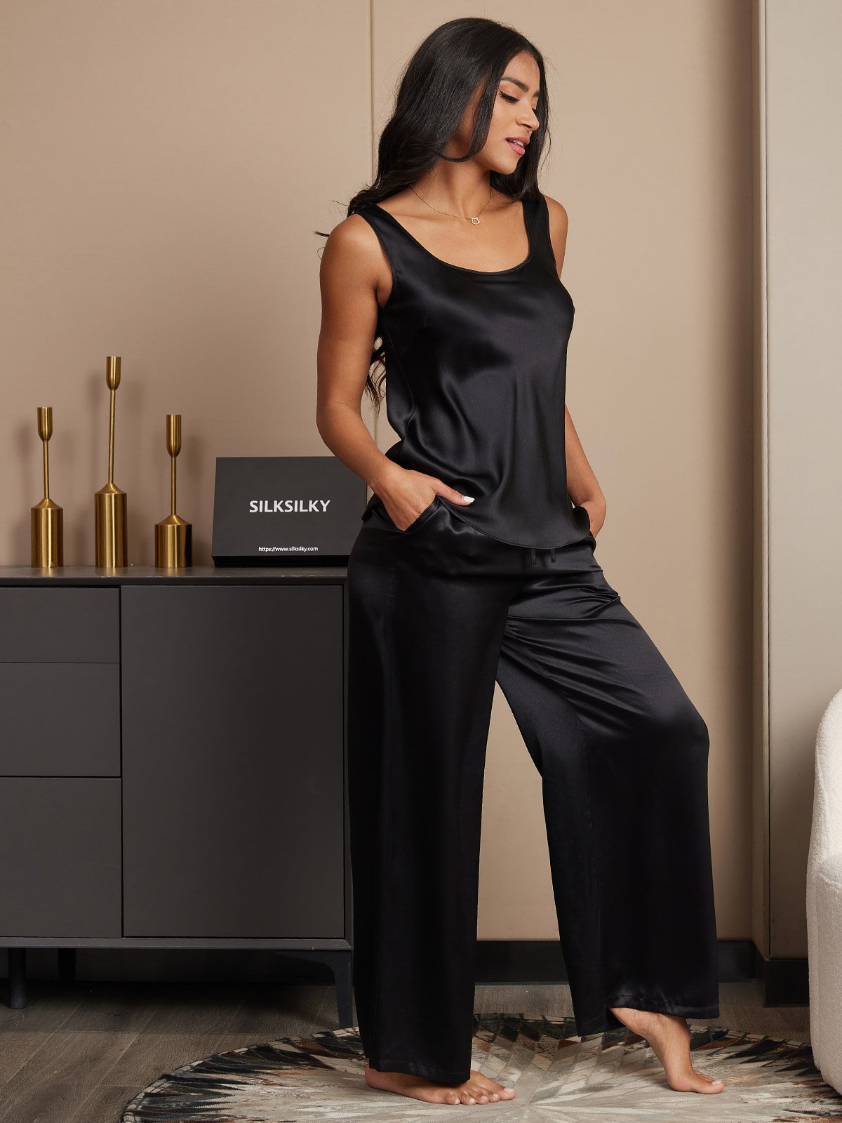 [Zwart] SilkSilky-NL Mouwloos Vierkante Hals Cami-Set 004