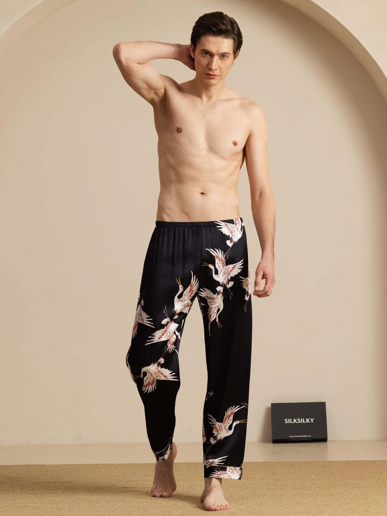 [Zwart] SilkSilky-NL 19Momme Mens Sleep Bottoms 006