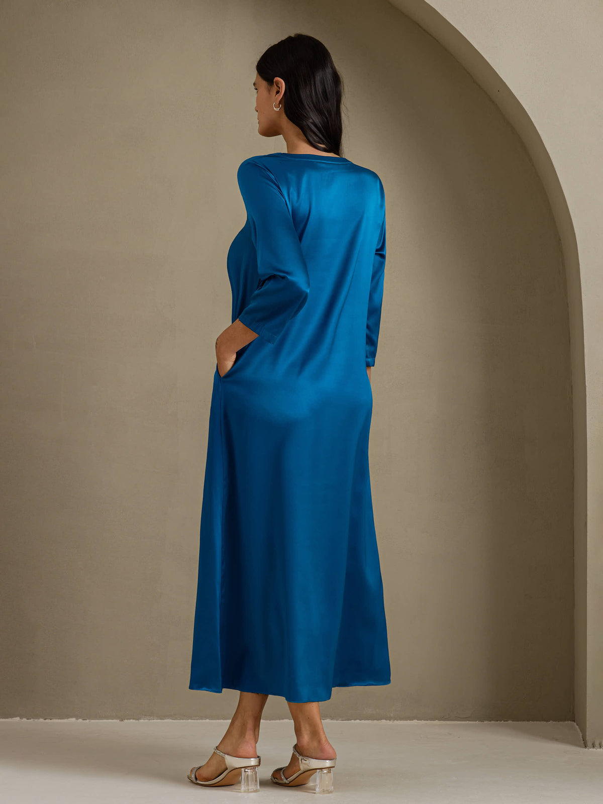 [Koningsblauw] SilkSilky-NL 3/4 Sleeve Round Neck Jurk 002