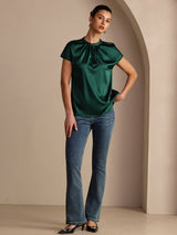 [Donkergroen] SilkSilky-NL Short Sleeve Split Blouse 006