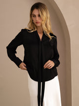 [Zwart] SilkSilky-NL Long Sleeve Tie Neck Blouse 002