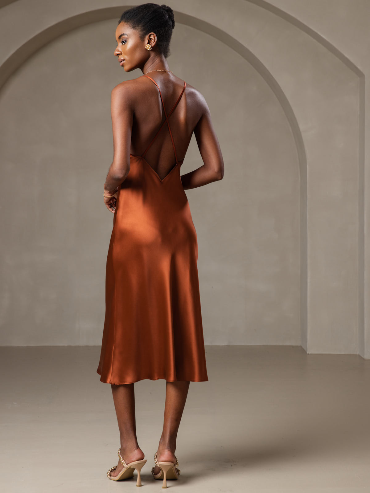 [Karamel] SilkSilky-NL Pure Silk Mouwloos V-Hals Jurk 004