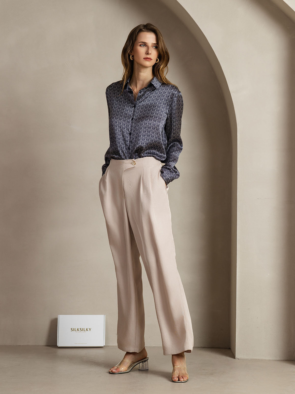 [Marine Ginkgo] SilkSilky-NL Zijde Lange Mouw Kraag Dames Blouse 003