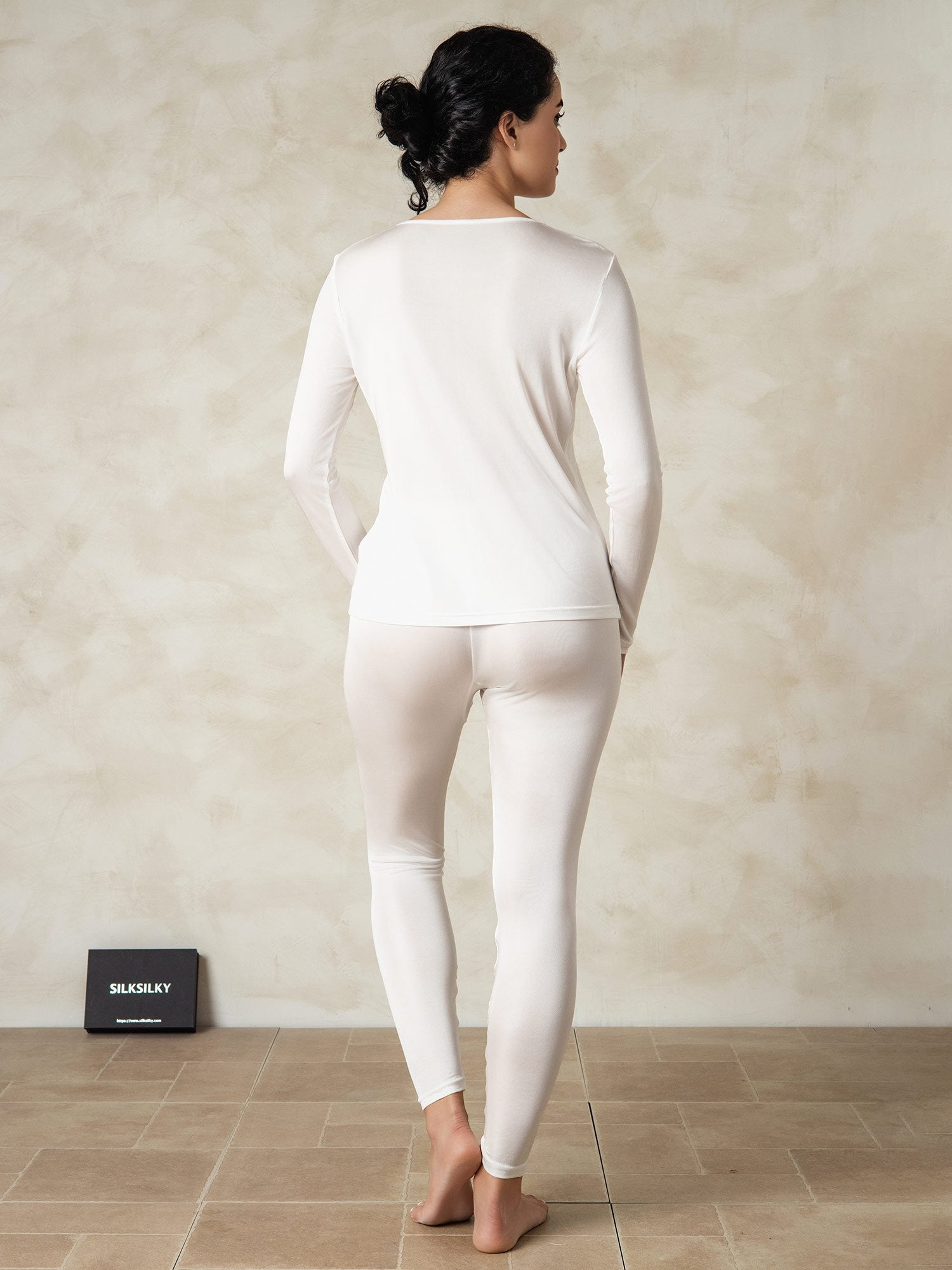 [Wit] SilkSilky-NL Zijde Ronde Hals Dames Pyjama Set 002