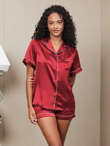 [Wijn] SilkSilky-NL Korte Mouw Notchkraag Dames Pyjama Set 001