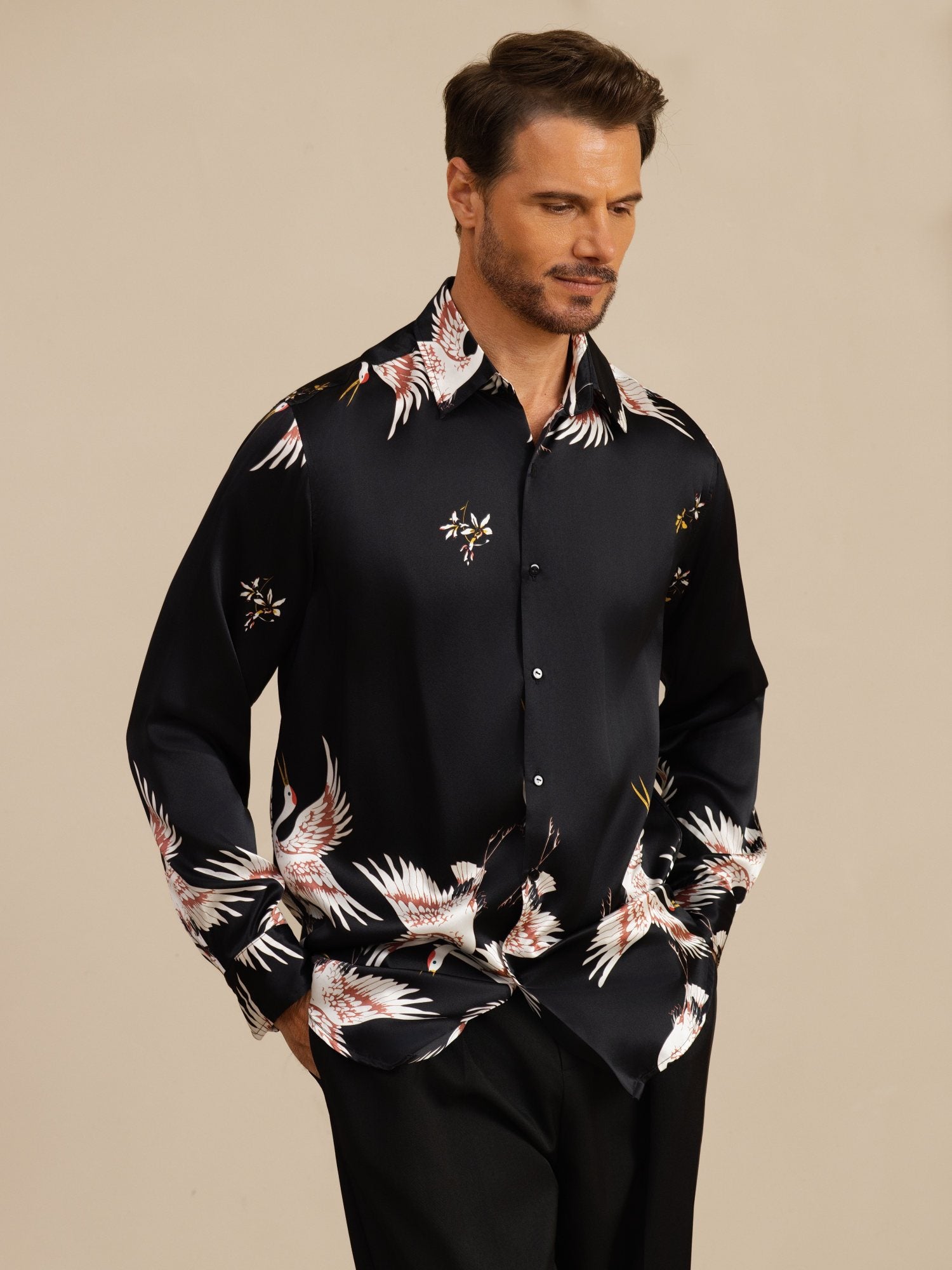 [Zwart] SilkSilky-NL 19Momme Lange Mouw Reverskraag Heren Shirt 004