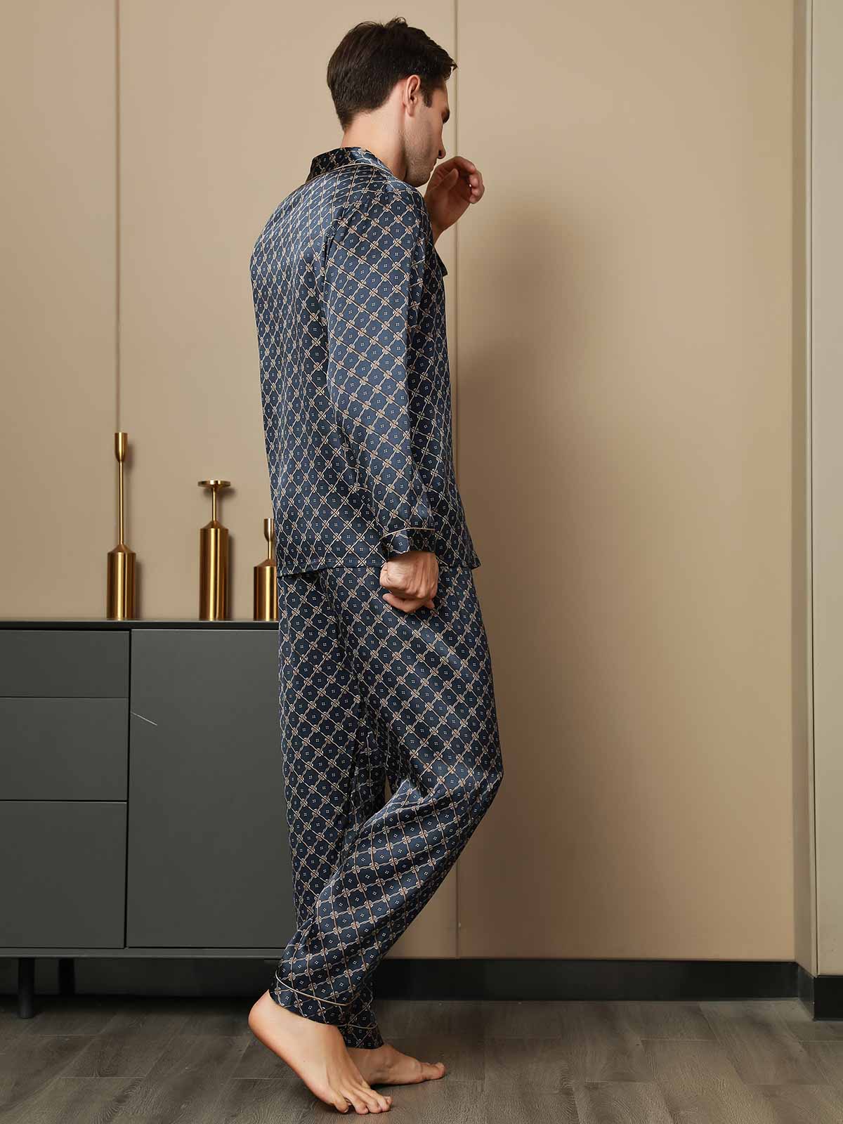 [Donkerblauw] SilkSilky-NL Pure Silk Lange Mouw Revers Heren Pyjama Set 003