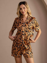 [Zwarte Tijger] SilkSilky-NL Short Sleeve Lapel Collar Dames Pyjama Set 005