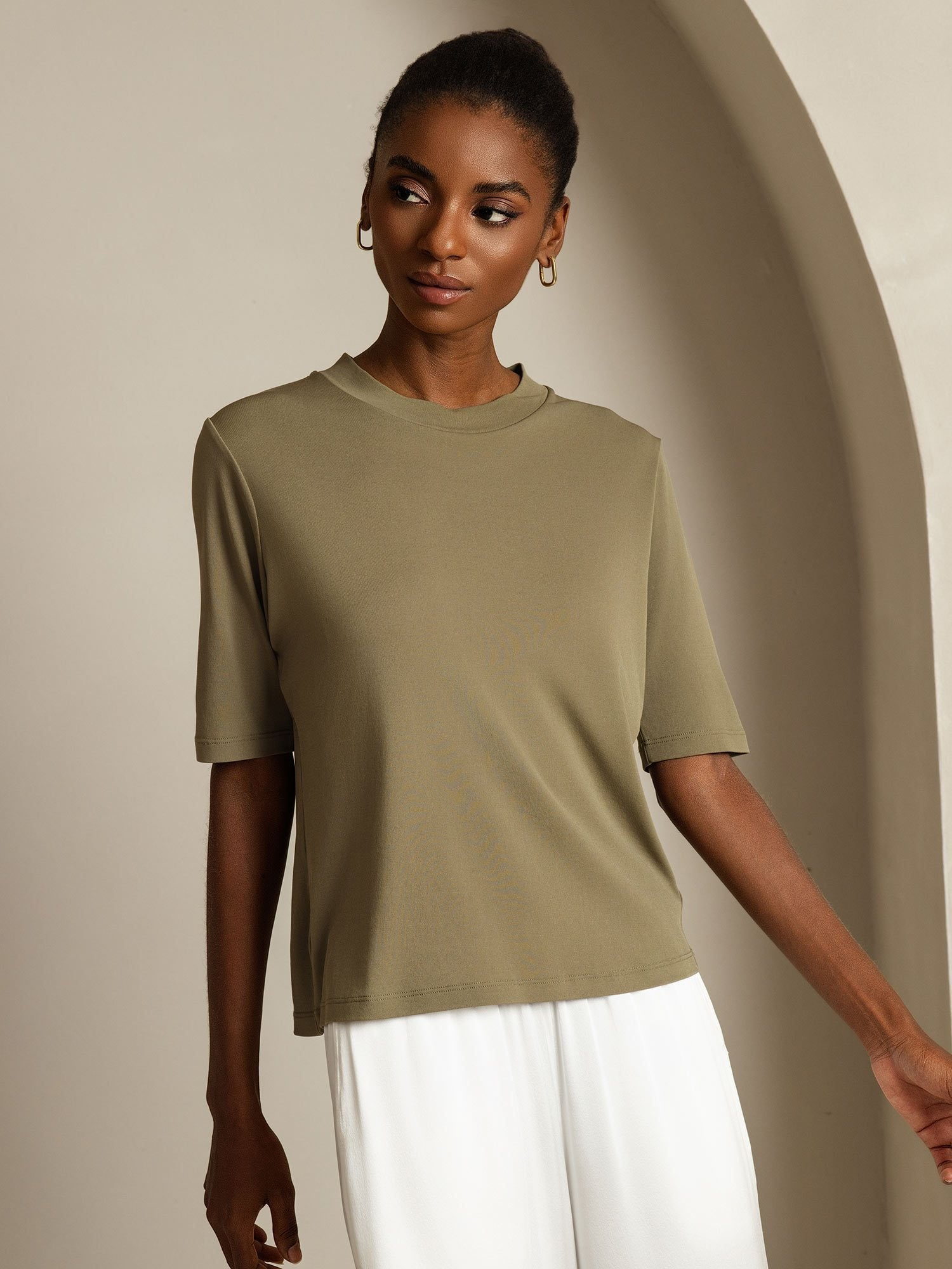 [Gebrande Olijf] SilkSilky-NL Zijde Ronde Hals Dames T-Shirt 007