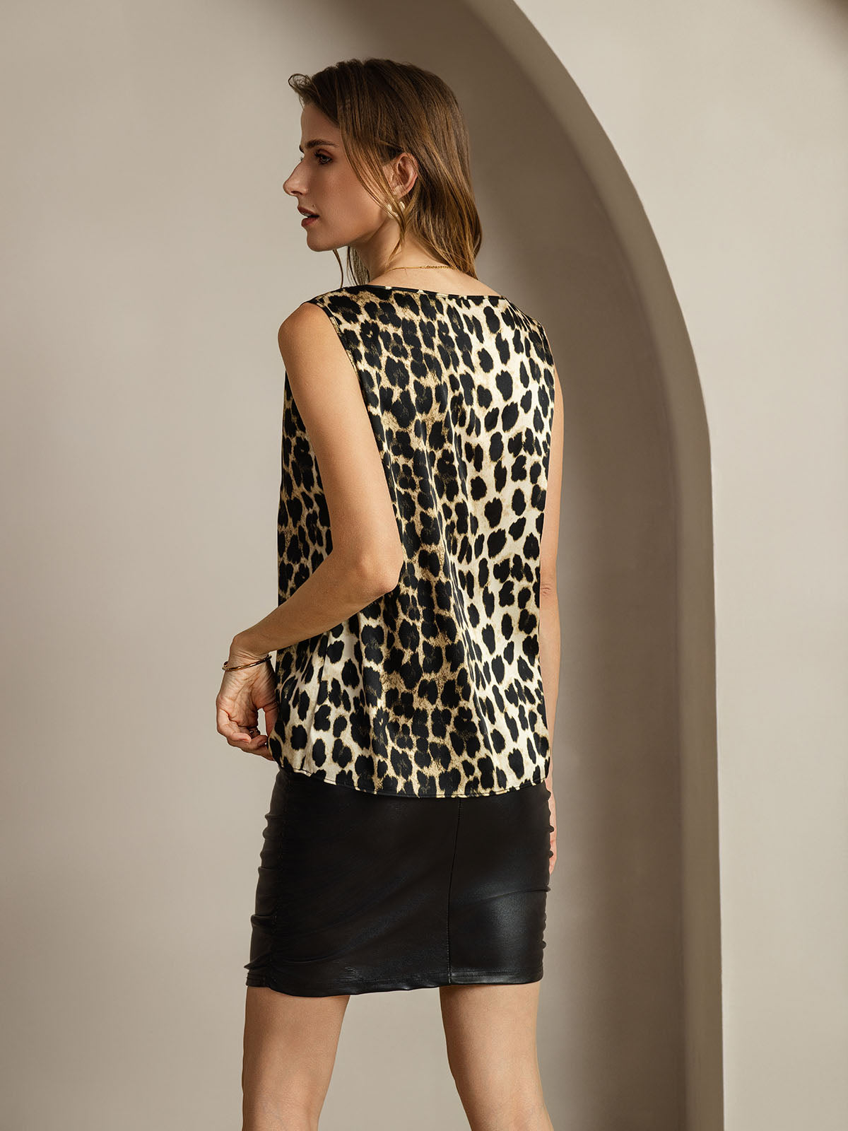 [Leopard] SilkSilky-NL 19Momme Zijde Ronde Hals Cami-Top 002