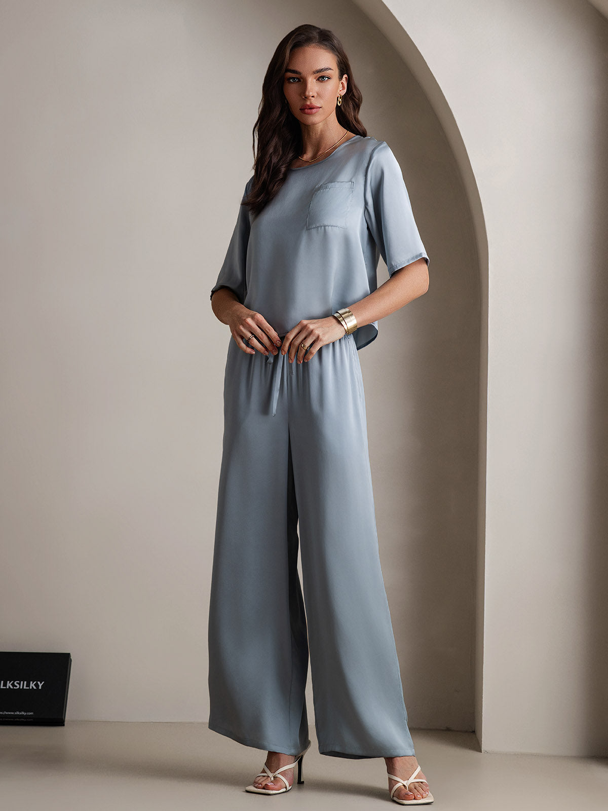 [Grijsachtig Blauw] SilkSilky-NL Ronde Hals Dames Pyjama Set 004,