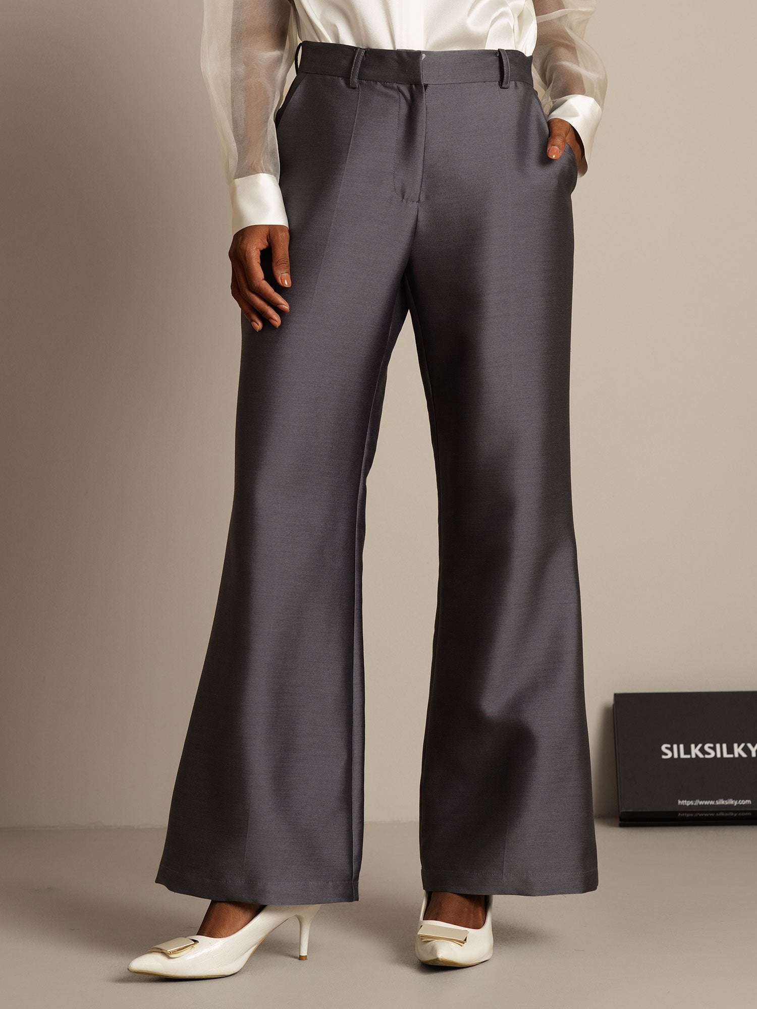 [Grijs] SilkSilky-NL 32Momme Silk-Wool Blend Womens Pants 001,