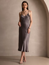 [Donkerkaki] SilkSilky-NL Spaghetti Strap V Neck Jurk 003