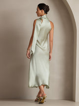 [Lichtgroene] SilkSilky-NL 19Momme Stretch Silk Charmeuse Sleeveless Tie Neck Jurk 002