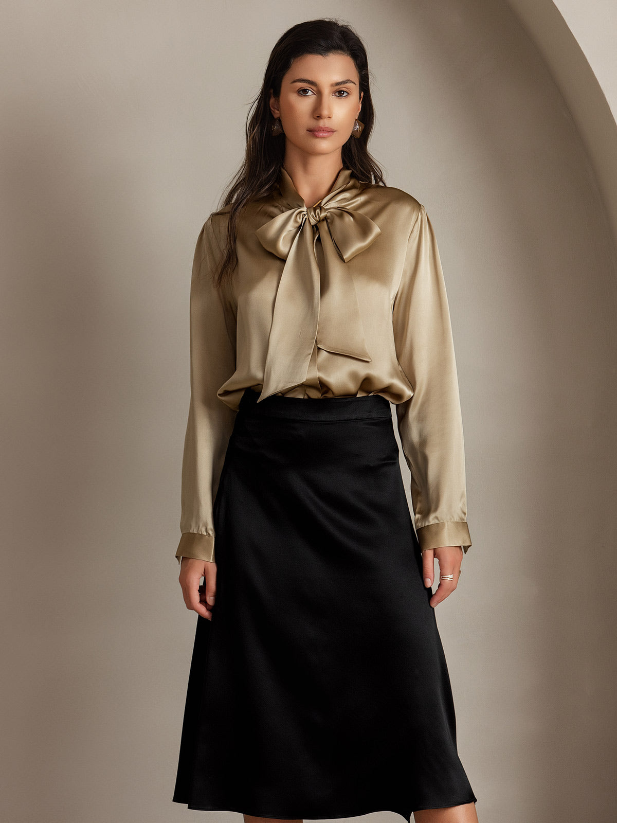 [Champagne] SilkSilky-NL 19Momme Zijde Lange Mouw Binda Hals Dames Blouse 001