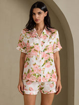 [Witte Pioenroos] SilkSilky-NL Short Sleeve Notch Collar Dames Pyjama Set 004