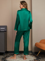 [Groen] SilkSilky-NL Long Sleeve Lapel Collar Dames Pyjama Set 002