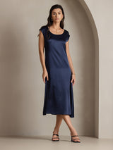 [Donkerblauw] SilkSilky-NL Kapmouwtjes Diepe Ronde Hals Jurk 004