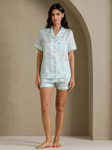 [Hemelsblauwe Bloemen] SilkSilky-NL Short Sleeve Notch Collar Dames Pyjama Set 007