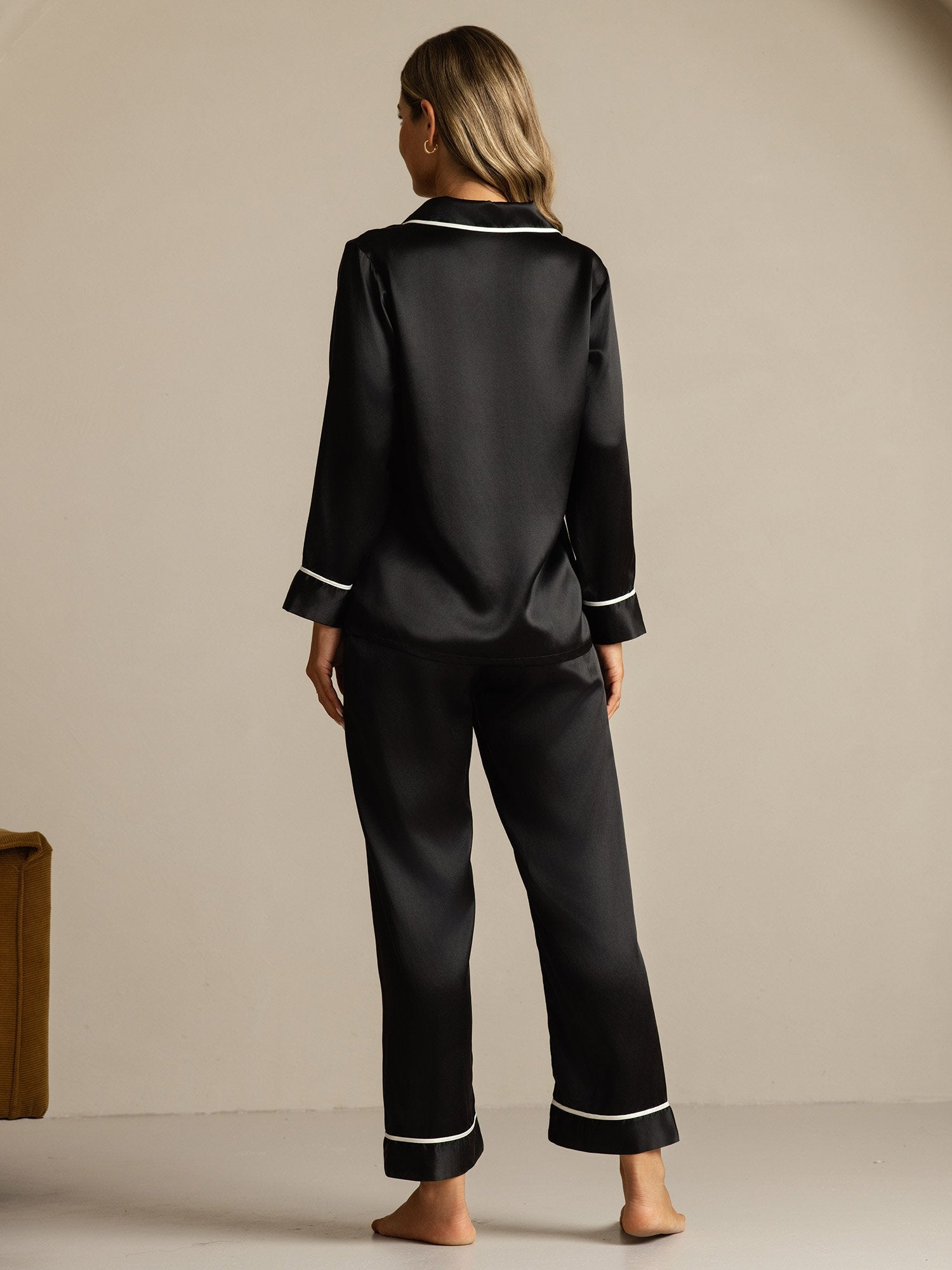 [Zwart] SilkSilky-NL Zijde Kraag Dames Pyjama Set 002
