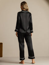 [Zwart] SilkSilky-NL Lange Mouw Notchkraag Dames Pyjama Set 002
