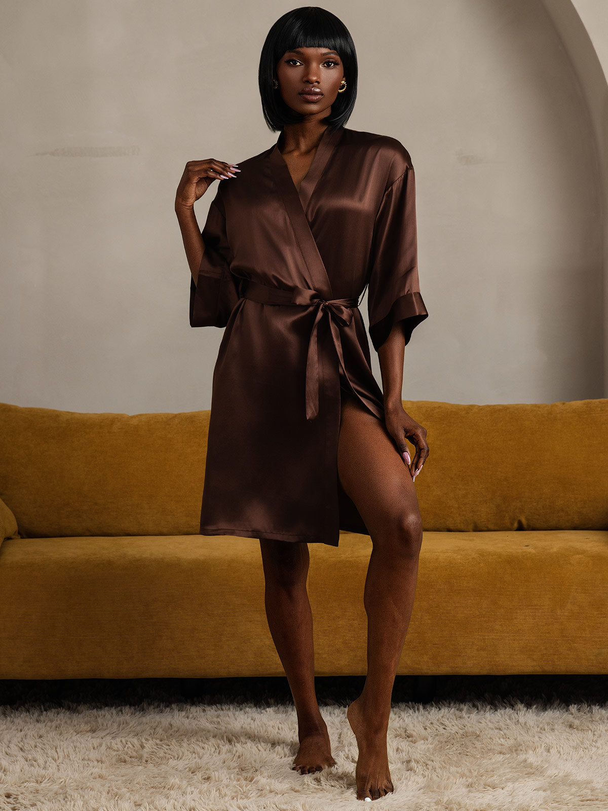 [Koffie] SilkSilky-NL Pure Silk Halve Mouw Womens Robe 009