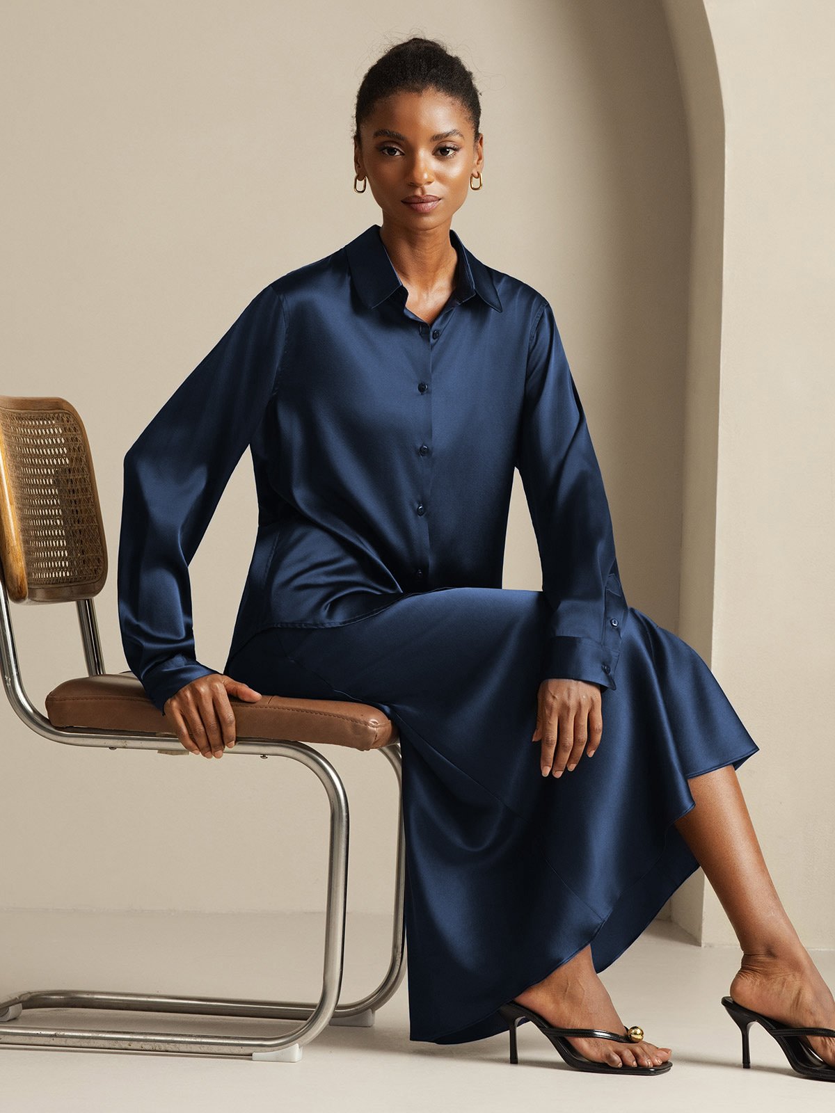 [Donkerblauw] SilkSilky-NL 19Momme Zijde Kraag Women''s Outfit Sets 001,