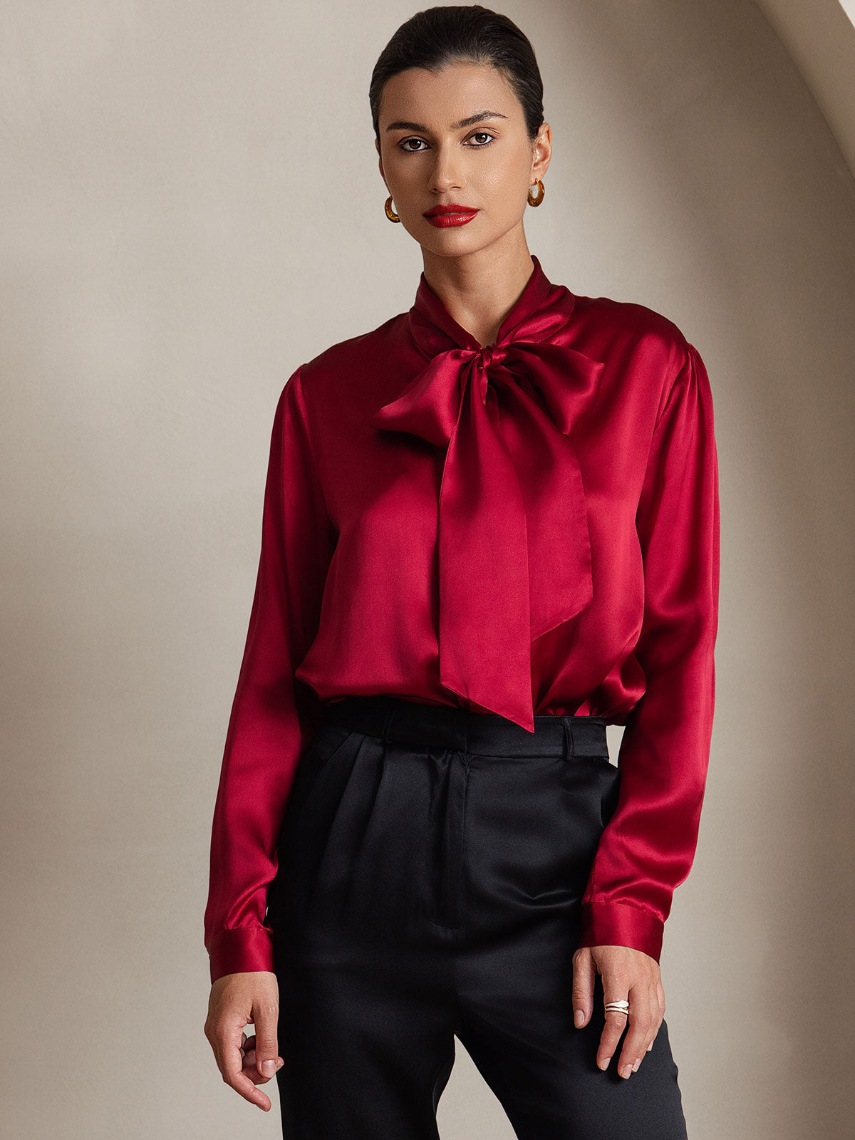 [Wijn] SilkSilky-NL 19Momme Zijde Lange Mouw Binda Hals Dames Blouse 001