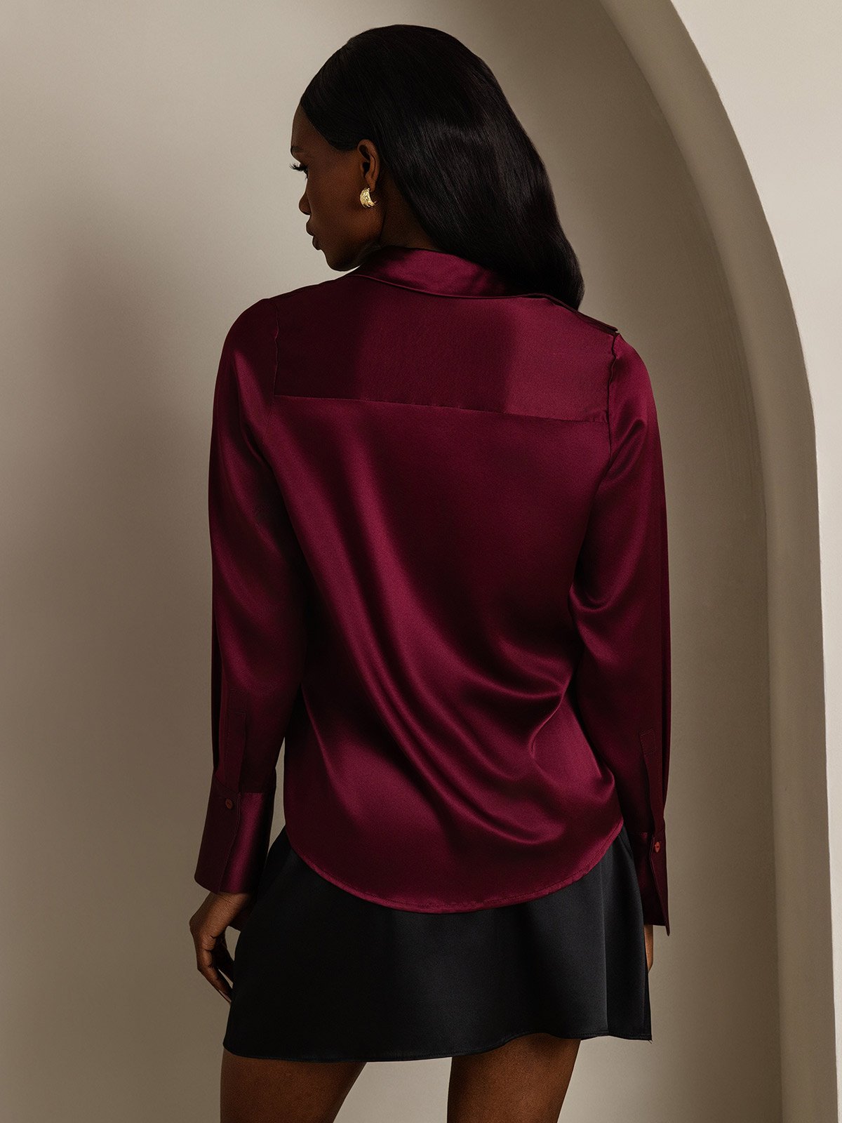 SilkSilky-NL 19Momme Zijde Lange Mouw Kraag Dames Blouse Donkerrood 002