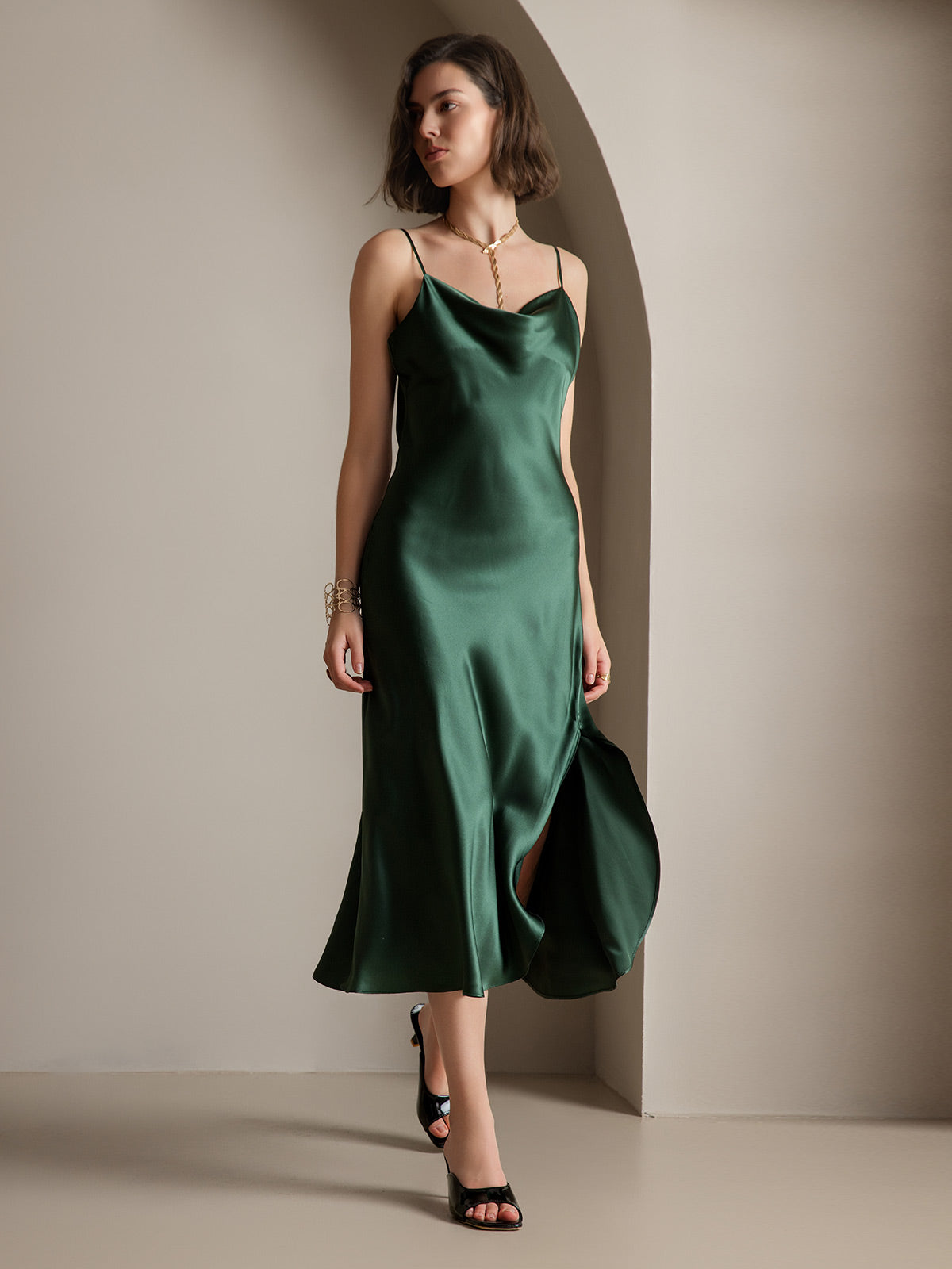 [Donkergroen] SilkSilky-NL 19Momme Dress 001