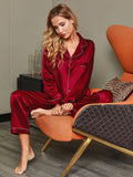 SilkSilky-NL Lange Mouw Revers Dames Pyjama Set Wijn 008