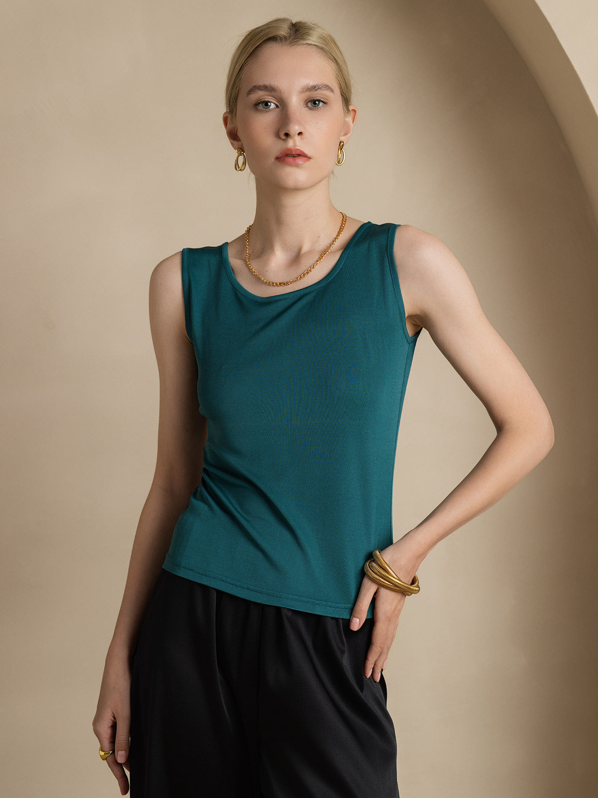 [Donkergroen] SilkSilky-NL Zijde Gebreid Ronde Hals Dames T-Shirt 001