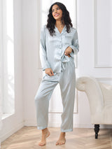 [Lichtblauw] SilkSilky-NL Long Sleeve Lapel Collar Dames Pyjama Set 004