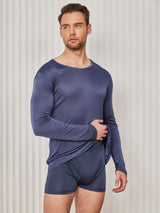 [Donkerblauw] SilkSilky-NL Lange Mouw Ronde Hals Heren T-Shirt 003