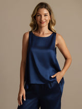 [Donkerblauw] SilkSilky-NL Sleeveless Scoop Neck Dames Pyjama Set 004