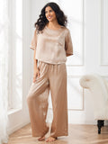 SilkSilky NL Pure Silk Halve Mouw Ronde Hals Dames Pyjama Set Champagne 006