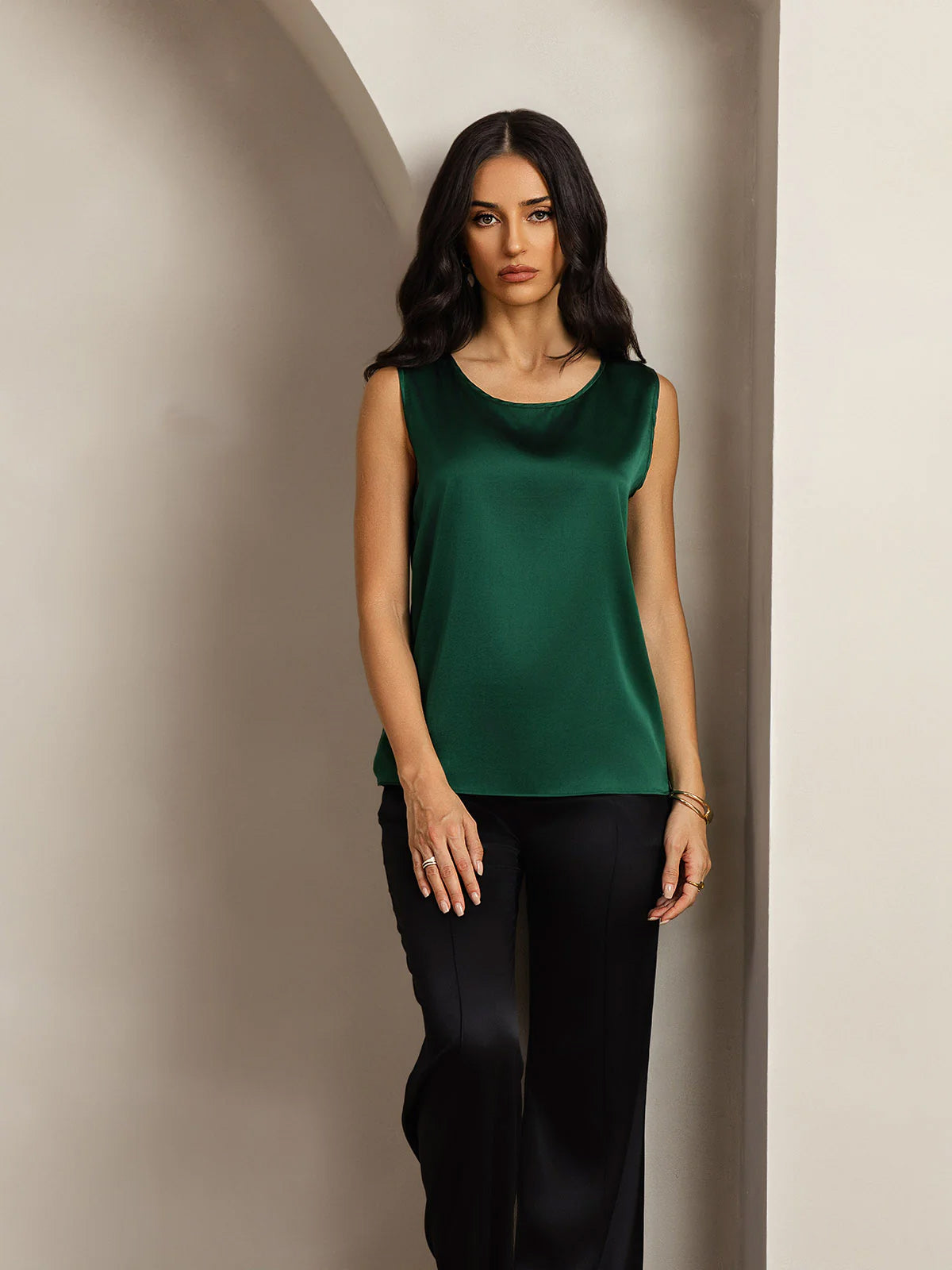 [Donkergroen] SilkSilky-NL 19Momme Zijde Ronde Hals Cami-Top 004