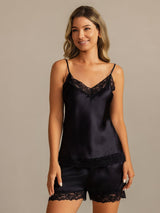 [Zwart] SilkSilky-NL Spaghetti Strap V Neck Cami-Set 003