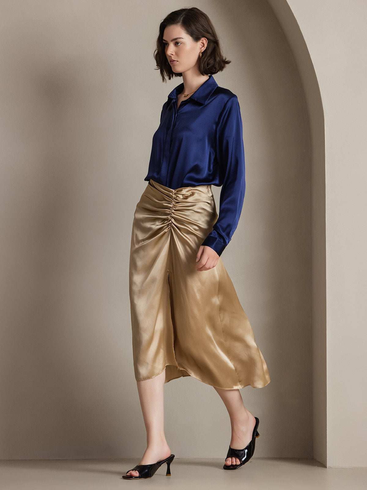 [Donkerblauw] SilkSilky-NL 19Momme Zijde Lapel Collar Dames Blouse 005