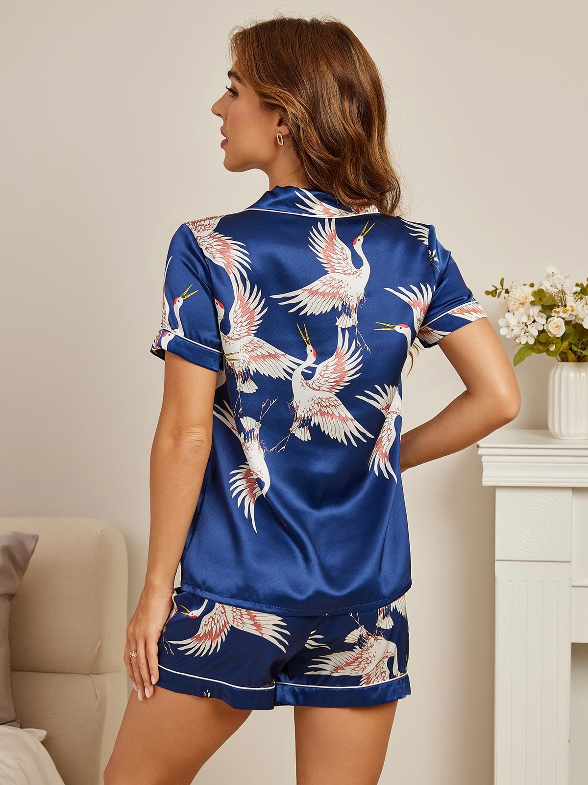 [Donkerblauw] SilkSilky-NL 19Momme Korte Mouw Notchkraag Dames Pyjama Set 002