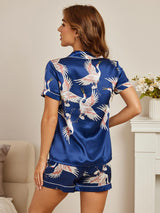 [Donkerblauw] SilkSilky-NL 19Momme Korte Mouw Notchkraag Dames Pyjama Set 003