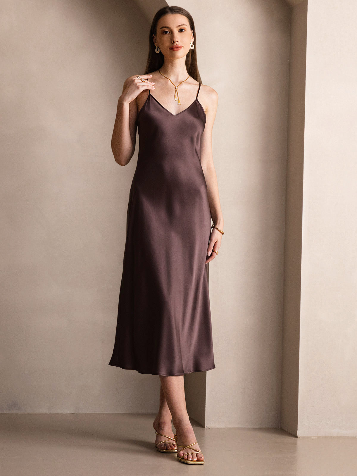 [Koffie] SilkSilky-NL Ronde Hals Jurk 005