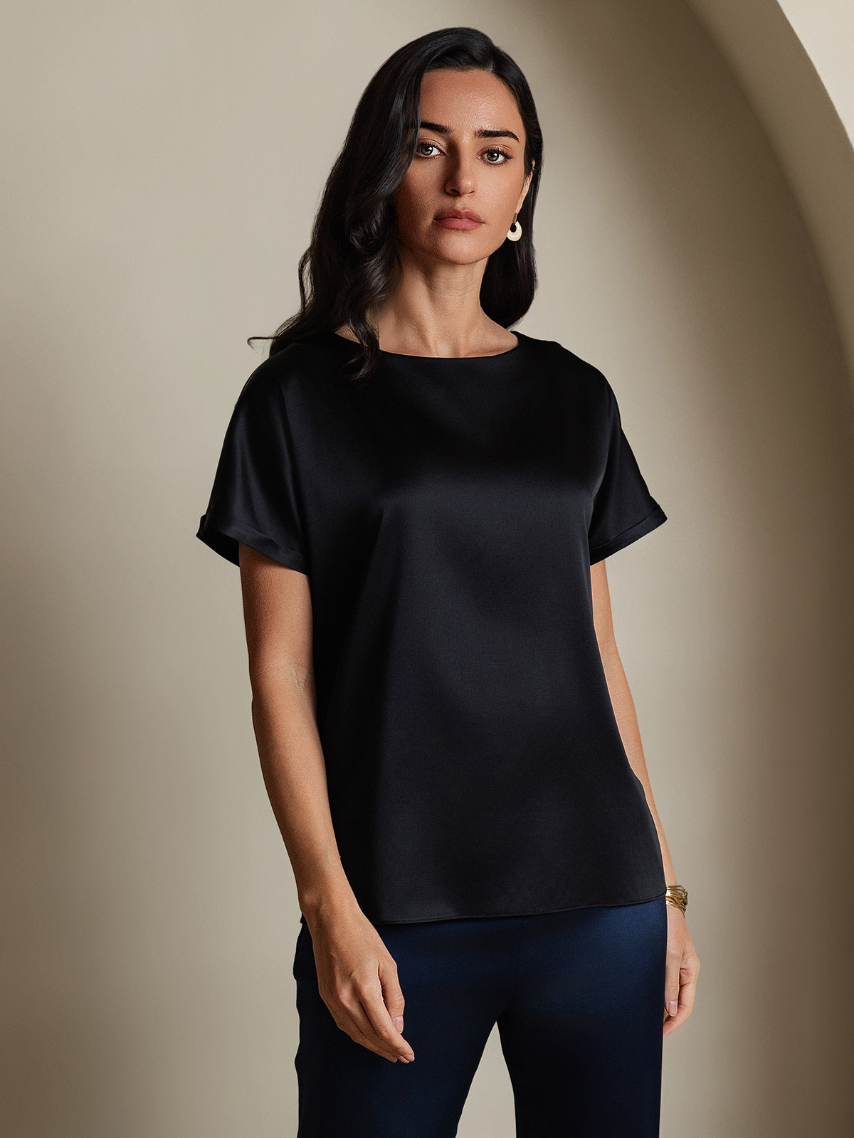 [Zwart] SilkSilky-NL 19Momme Zijde Ronde Hals Dames T-Shirt 001