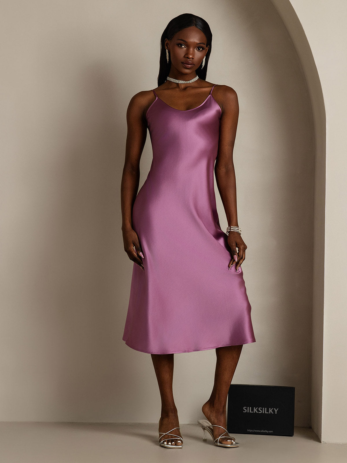 [Donkerpaars] SilkSilky-NL Ronde Hals Jurk 003