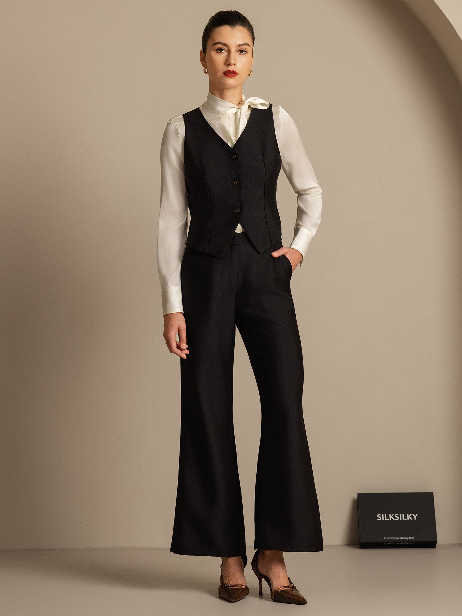 [Zwart] SilkSilky-NL 32Momme Silk-Wool Blend Womens Pants 006,