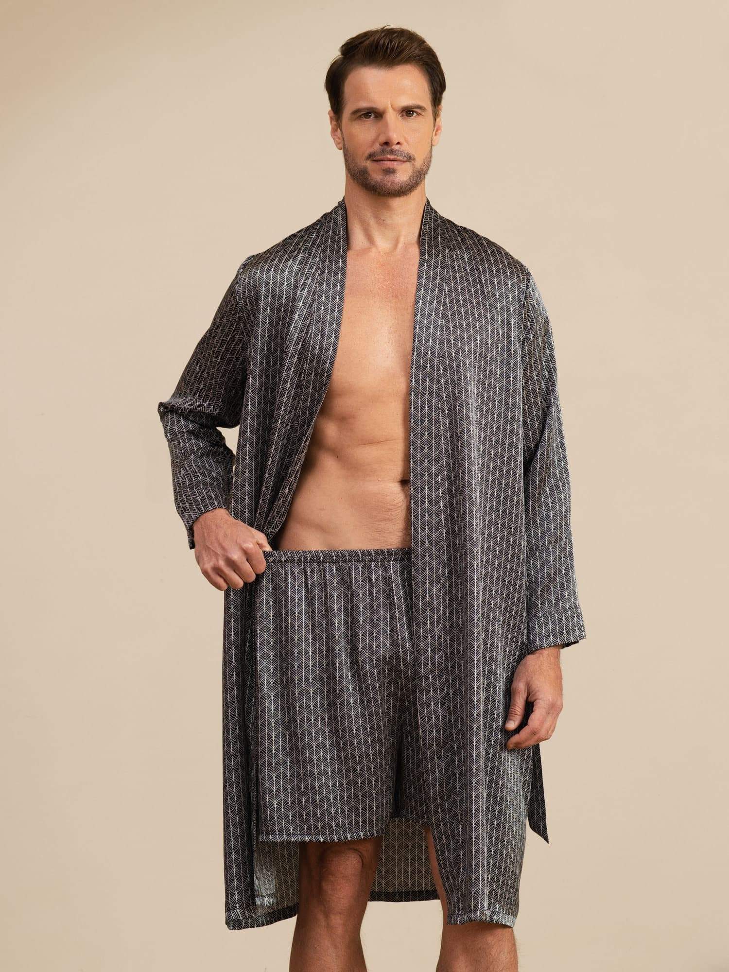 [Zwarte Ginkgo] SilkSilky-NL Long Sleeve Heren Pyjama Set 001