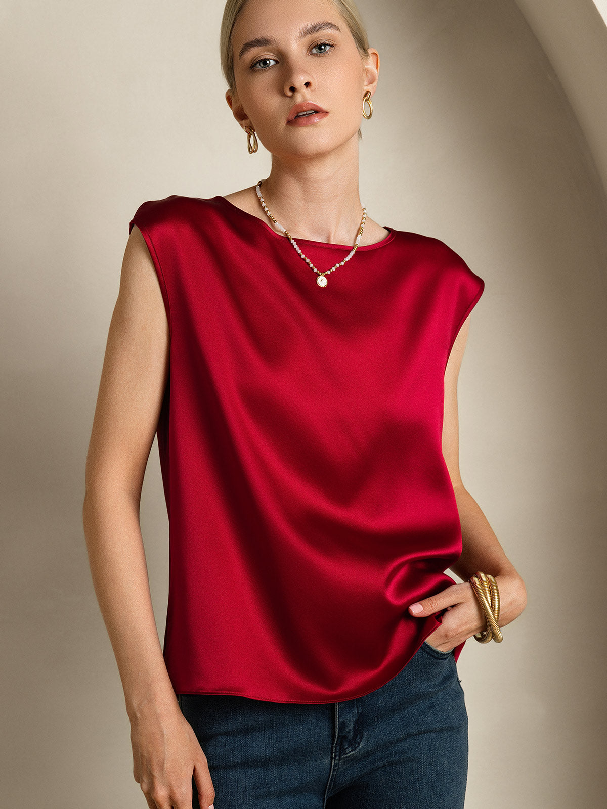 [Wijn] SilkSilky-NL 19Momme Zijde Ronde Hals Dames T-Shirt 003