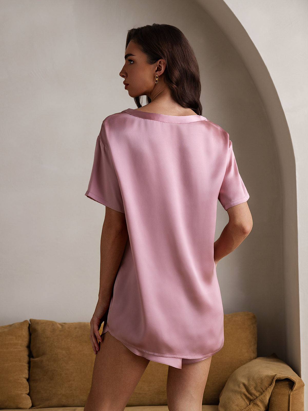 [Bleek Mauve] SilkSilky-NL Ronde Hals Dames Pyjama Set 002